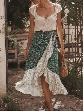 BCBGeneration Wrap Midi Skirt Polka Dot Green White Ruffle Tie Waist Boho XS S